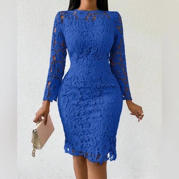 Dresses | Blue Long Sleeve Sheath Dress For Wedding Guest | Poshmark